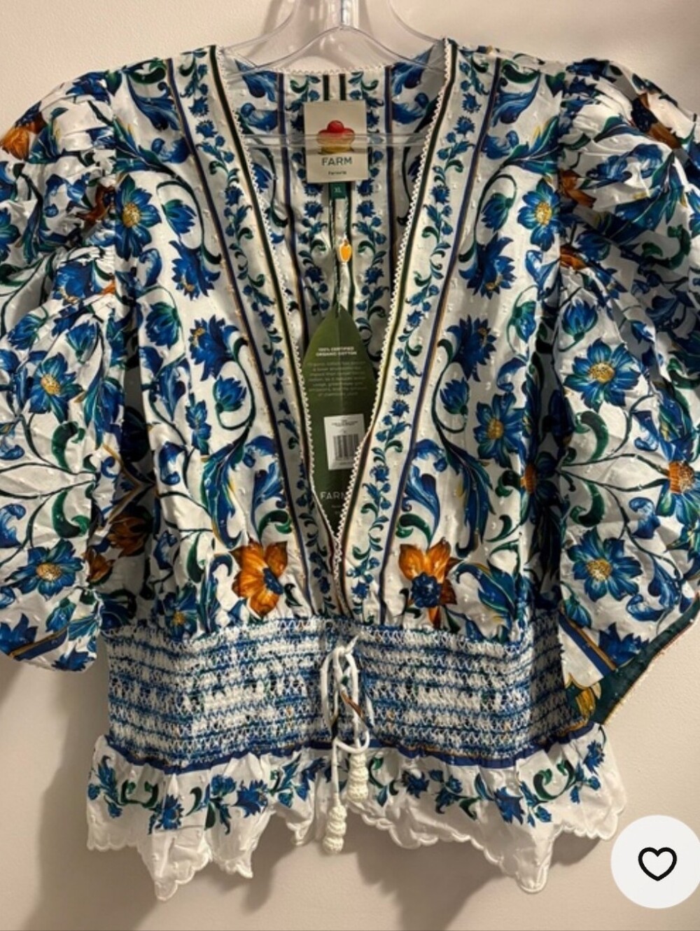 NWT FARM Rio White Blue & Orange Floral Embroidery Puff Sleeve Peplum Top XL